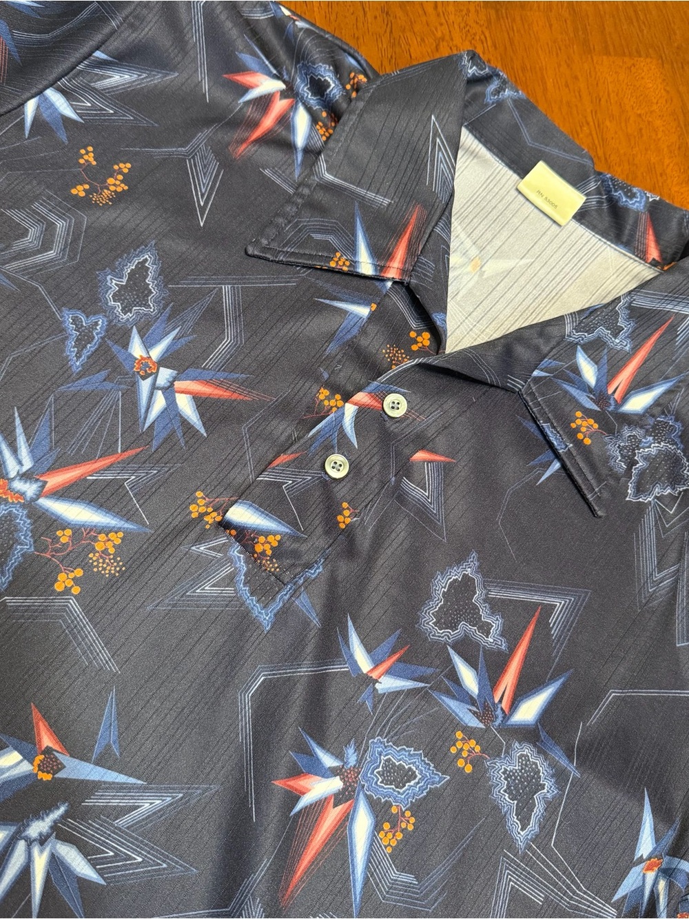 Stuart Mann California Polo Shirt Open Collar Atomic AOP Barkcloth Texture Sz XL